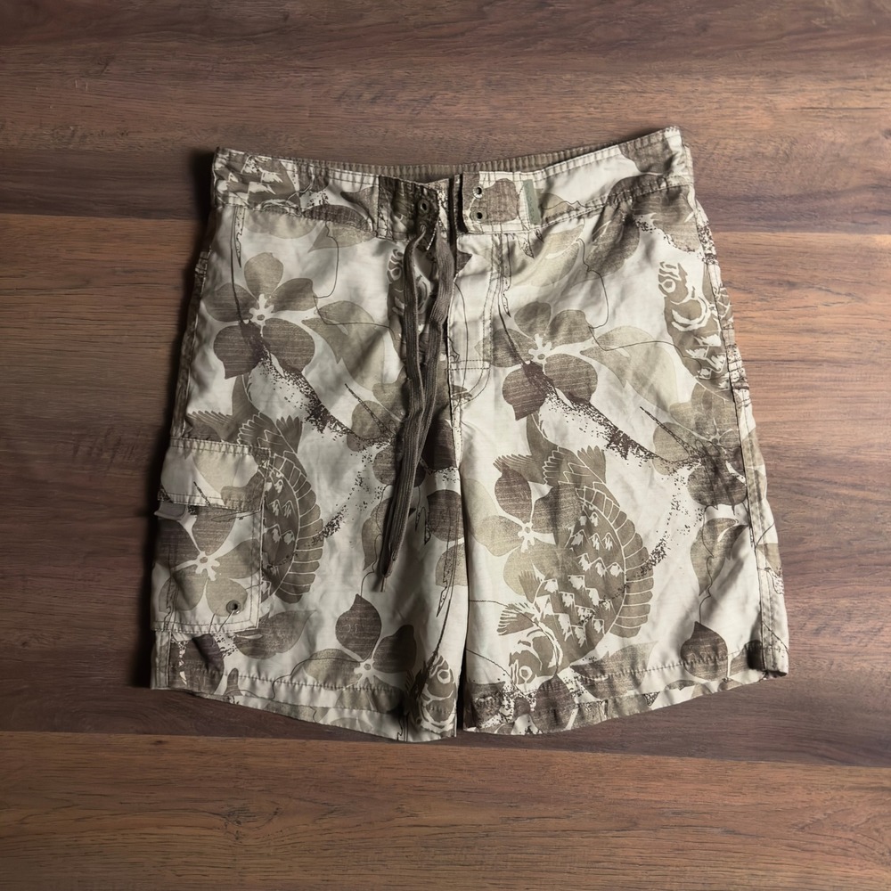 Merrell Mens Tan Tropical Floral Board Shorts Swim Trunks Small Cargo Pocket